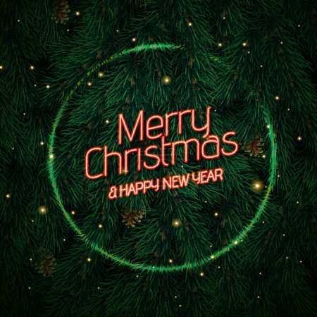 Téléchargez les illustrations : Joyeux Noël et bonne année néon signe sur le fond de l'arbre de Noël avec des néons et des cônes de pin. Illustration vectorielle - en licence libre de droit