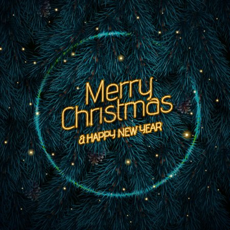 Illustration for Merry Christmas and Happy New Year neon sign on Christmas tree background with neon lights and pine cones. Vector illustration - Royalty Free Image
