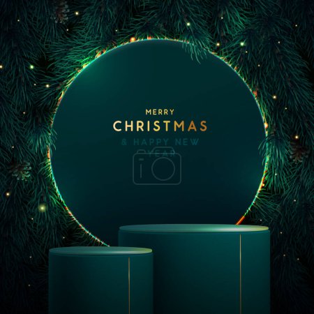 Téléchargez les illustrations : Fête Noël vitrine fond vert étincelant avec 3d podium et émeraude texture arbre de Noël. Scène minimale abstraite. Illustration vectorielle - en licence libre de droit
