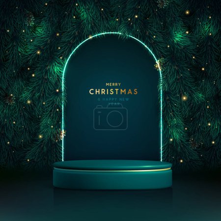 Ilustración de Navidad Navidad escaparate verde brillante fondo con el podio 3d y la textura del árbol de Navidad esmeralda. Escena mínima abstracta. Ilustración vectorial - Imagen libre de derechos