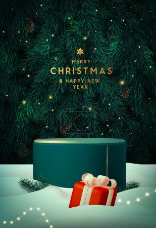 Illustration for Holiday Christmas showcase green sparkle background with 3d podium, gift box and emerald Christmas tree texture. Abstract minimal scene. Vector illustration - Royalty Free Image