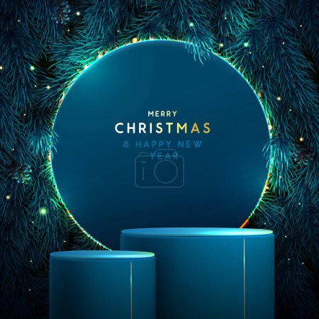 Téléchargez les illustrations : Vitrine de Noël de vacances fond bleu étincelant avec 3d podium et la texture de l'arbre de Noël. Scène minimale abstraite. Illustration vectorielle - en licence libre de droit