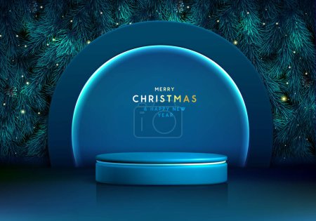 Ilustración de Navidad Navidad escaparate azul brillante fondo con el podio 3d y la textura del árbol de Navidad. Escena mínima abstracta. Ilustración vectorial - Imagen libre de derechos
