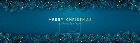 Ilustración de Fondo azul navideño con ramas de árbol de Navidad, conos de pino y luces de neón. Tarjeta de felicitación o diseño banne. Ilustración vectorial - Imagen libre de derechos