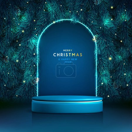 Ilustración de Navidad Navidad escaparate azul brillante fondo con el podio 3d y la textura del árbol de Navidad. Escena mínima abstracta. Ilustración vectorial - Imagen libre de derechos