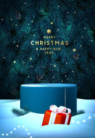 Ilustración de Escaparate navideño de vacaciones fondo brillante azul con podio 3d, caja de regalo y textura de árbol de Navidad esmeralda. Escena mínima abstracta. Ilustración vectorial - Imagen libre de derechos
