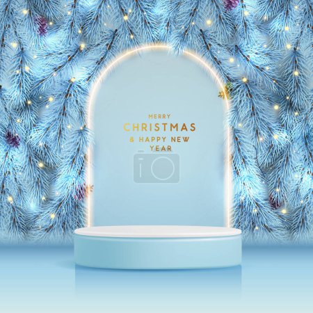 Ilustración de Navidad Navidad escaparate blanco brillante fondo con el podio 3d y la textura del árbol de Navidad. Escena mínima abstracta. Ilustración vectorial - Imagen libre de derechos
