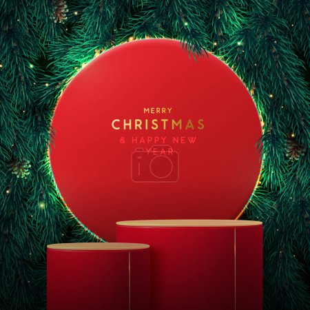 Téléchargez les illustrations : Fond vitrine de Noël de vacances avec podium rouge 3d et texture d'arbre de Noël émeraude. Scène minimale abstraite. Illustration vectorielle - en licence libre de droit