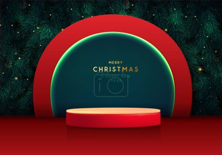 Ilustración de Navidad Navidad fondo escaparate con 3d podio rojo y esmeralda textura del árbol de Navidad. Escena mínima abstracta. Ilustración vectorial - Imagen libre de derechos