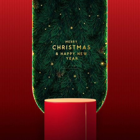 Ilustración de Navidad Navidad fondo escaparate con 3d podio rojo y esmeralda textura del árbol de Navidad. Escena mínima abstracta. Ilustración vectorial - Imagen libre de derechos