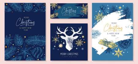Ilustración de Conjunto de tarjetas de felicitación navideñas o cubiertas con decoración floral. Ilustración vectorial - Imagen libre de derechos