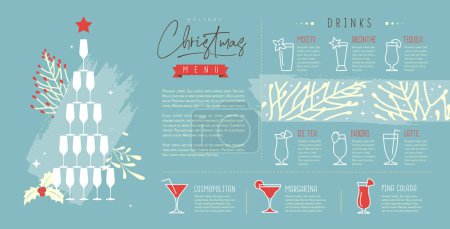 Illustration for Restaurant Christmas holiday menu design with pyramid of champagne glasses and floral  desoration. Vector illustration - Royalty Free Image