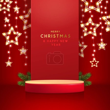 Téléchargez les illustrations : Fête Noël vitrine fond rouge avec podium 3d et guirlande de Noël. Scène minimale abstraite. Illustration vectorielle - en licence libre de droit