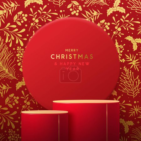 Ilustración de Navidad Navidad escaparate fondo rojo con el podio 3d y la decoración floral de Navidad. Cartel de Año Nuevo o tarjeta de felicitación. Ilustración vectorial - Imagen libre de derechos