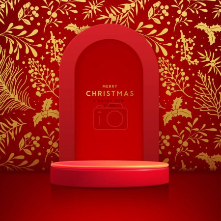 Téléchargez les illustrations : Vitrine de Noël de vacances fond rouge avec podium 3d et décoration florale de Noël. Affiche du Nouvel An ou carte de voeux. Illustration vectorielle - en licence libre de droit