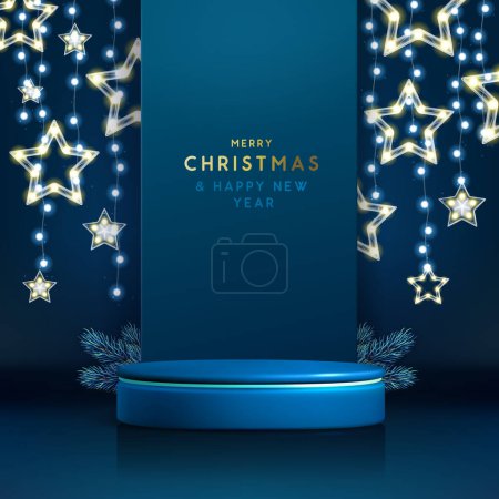 Téléchargez les illustrations : Fête Noël vitrine fond bleu avec podium 3d et guirlande de Noël. Scène minimale abstraite. Illustration vectorielle - en licence libre de droit