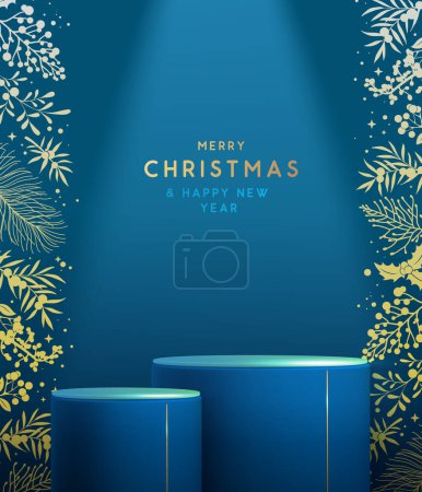 Ilustración de Navidad Navidad escaparate fondo azul con el podio 3d y la decoración floral de Navidad. Cartel de Año Nuevo o tarjeta de felicitación. Ilustración vectorial - Imagen libre de derechos