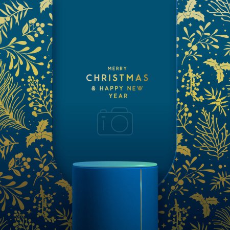 Téléchargez les illustrations : Vitrine de Noël de vacances fond bleu avec podium 3d et décoration florale de Noël. Affiche du Nouvel An ou carte de voeux. Illustration vectorielle - en licence libre de droit