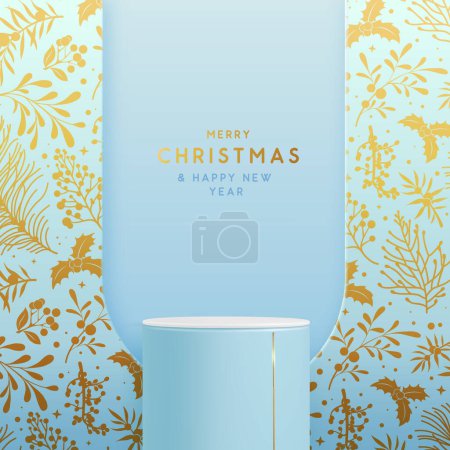 Illustration for Holiday Christmas showcase blue background with 3d podium and Christmas floral decoration. New Year poster or greeting card. Vector illustration - Royalty Free Image