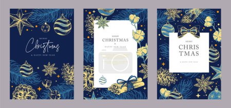 Illustration for Set of Christmas holiday greeting cards or covers with christmas desoration. Vector illustration - Royalty Free Image