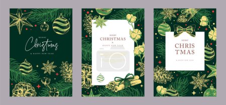 Ilustración de Conjunto de tarjetas de felicitación navideñas o cubiertas con decoración navideña. Ilustración vectorial - Imagen libre de derechos