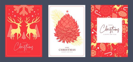 Ilustración de Conjunto de tarjetas de felicitación navideñas o cubiertas con decoración navideña. Ilustración vectorial - Imagen libre de derechos