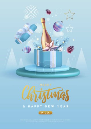 Illustration for Merry Christmas holiday poster with 3D champagne bottle, Christmas tree branch, pine cone, star and gift box.  Vector illustration - Royalty Free Image
