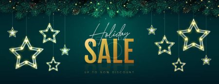 Illustration for Christmas holiday sale banner with modern glowing star lamps on emerald background. Vector illustration - Royalty Free Image