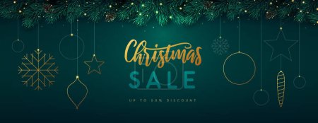 Illustration for Christmas holiday sale banner with stars, snowflakes and balls on emerald background. Vector illustration - Royalty Free Image
