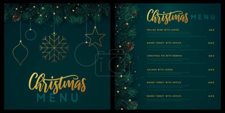 Ilustración de Restaurante diseño de menú navideño con guirnalda floral navideña sobre fondo esmeralda. Ilustración vectorial - Imagen libre de derechos