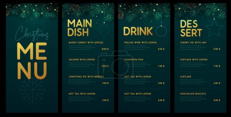 Illustration for Restaurant Christmas holiday menu design with christmas floral garland on emerald background. Vector illustration - Royalty Free Image