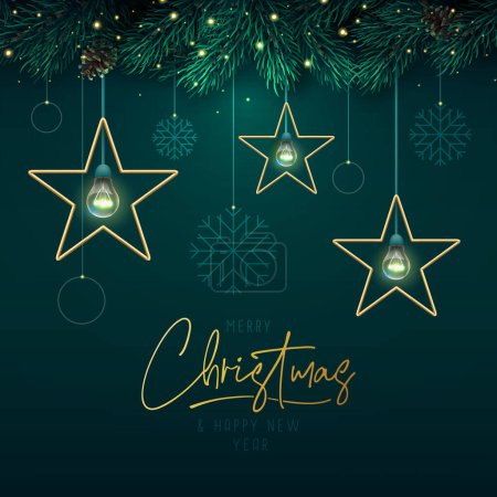 Ilustración de Fondo navideño con modernas lámparas de estrellas brillantes y copos de nieve sobre fondo esmeralda. Tarjeta de felicitación navideña. Ilustración vectorial - Imagen libre de derechos