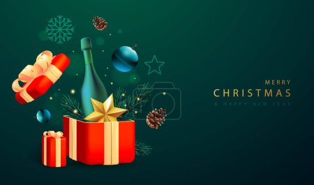 Ilustración de Feliz Navidad cartel de vacaciones con botella de champán 3D, rama de árbol de Navidad, cono de pino, estrella y caja de regalo. Ilustración vectorial - Imagen libre de derechos