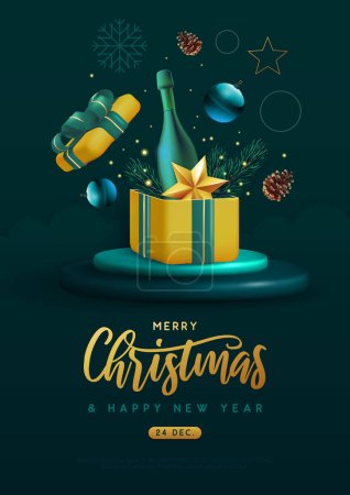 Téléchargez les illustrations : Joyeux Noël affiche de vacances avec bouteille de champagne 3D, branche de sapin de Noël, cône de pin, étoile et boîte cadeau. Illustration vectorielle - en licence libre de droit