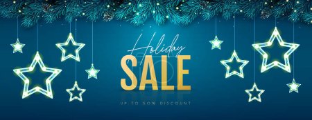 Illustration for Christmas holiday sale banner with modern glowing star lamps on blue background. Vector illustration - Royalty Free Image