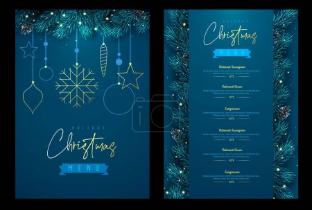 Ilustración de Restaurante Navidad menú de diseño navideño con guirnalda floral de Navidad sobre fondo azul. Ilustración vectorial - Imagen libre de derechos