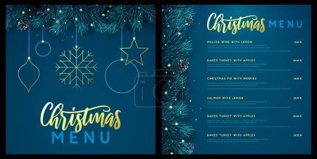 Téléchargez les illustrations : Restaurant Noël conception de menu de vacances avec guirlande florale de Noël sur fond bleu. Illustration vectorielle - en licence libre de droit