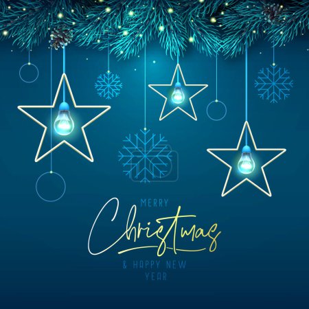 Ilustración de Fondo de Navidad con lámparas de estrellas brillantes modernas y copos de nieve sobre fondo azul. Tarjeta de felicitación navideña. Ilustración vectorial - Imagen libre de derechos