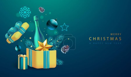 Téléchargez les illustrations : Joyeux Noël affiche de vacances avec bouteille de champagne 3D, branche de sapin de Noël, cône de pin, étoile et boîte cadeau. Illustration vectorielle - en licence libre de droit