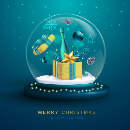 Téléchargez les illustrations : Boule à neige de Noël avec bouteille de champagne 3D, branche d'arbre de Noël, cône de pin, étoile et boîte cadeau. Illustration vectorielle - en licence libre de droit