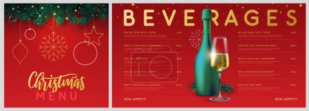 Ilustración de Restaurante Navidad menú de diseño navideño con estrellas, copos de nieve, copa de champán y botella. Ilustración vectorial - Imagen libre de derechos