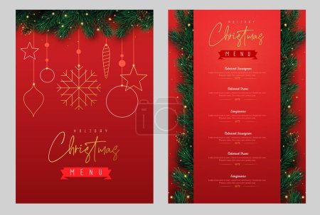 Téléchargez les illustrations : Restaurant Noël conception de menu de vacances avec guirlande florale de Noël sur fond rouge. Illustration vectorielle - en licence libre de droit