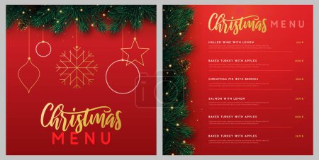 Illustration for Restaurant Christmas holiday menu design with christmas floral garland on red background. Vector illustration - Royalty Free Image