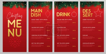 Ilustración de Restaurante Navidad menú de diseño navideño con guirnalda floral de Navidad sobre fondo rojo. Ilustración vectorial - Imagen libre de derechos