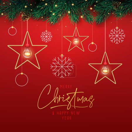 Ilustración de Fondo de Navidad con lámparas de estrellas brillantes modernas y copos de nieve sobre fondo rojo. Tarjeta de felicitación navideña. Ilustración vectorial - Imagen libre de derechos