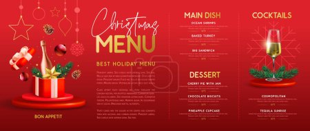 Illustration for Restaurant Christmas holiday menu design with open gift box, champagne glass, pine cone and snowflakes . Vector illustration - Royalty Free Image