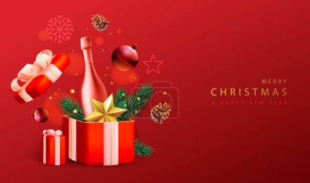 Ilustración de Feliz Navidad cartel de vacaciones con botella de champán 3D, rama de árbol de Navidad, cono de pino, estrella y caja de regalo. Ilustración vectorial - Imagen libre de derechos