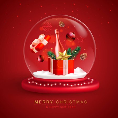 Téléchargez les illustrations : Boule à neige de Noël avec bouteille de champagne 3D, branche d'arbre de Noël, cône de pin, étoile et boîte cadeau. Illustration vectorielle - en licence libre de droit
