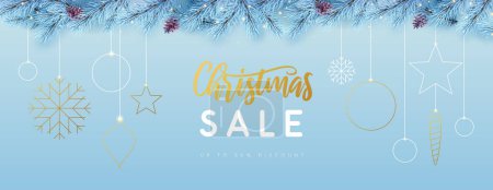 Illustration for Christmas holiday sale banner with stars, snowflakes and balls on blue background. Vector illustration - Royalty Free Image