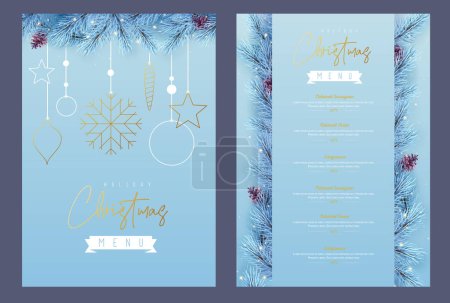 Téléchargez les illustrations : Restaurant Noël conception de menu de vacances avec guirlande florale de Noël sur fond bleu. Illustration vectorielle - en licence libre de droit